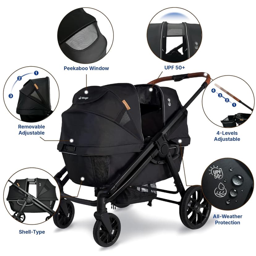 Tandem Wagon Stroller for 2 Kids, All-Terrain with Removable UV-Protection Canopy, Adjustable Push/Pull Handle, Snack Tray & Cup Holders, Perfect for Baby and Toddler（Khaki）