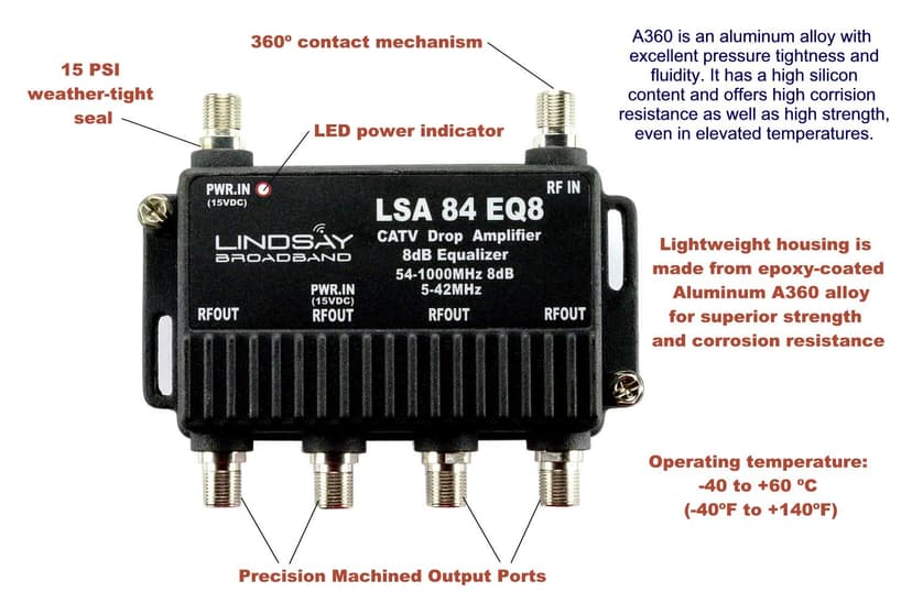 Reliable Cable 4-Port Cable TV/Antenna/HDTV/Internet Digital Signal Amplifier/Booster/Splitter/Equalizer with Passive Return, F59 Terminators (Lindsay LSA84-EQ8)