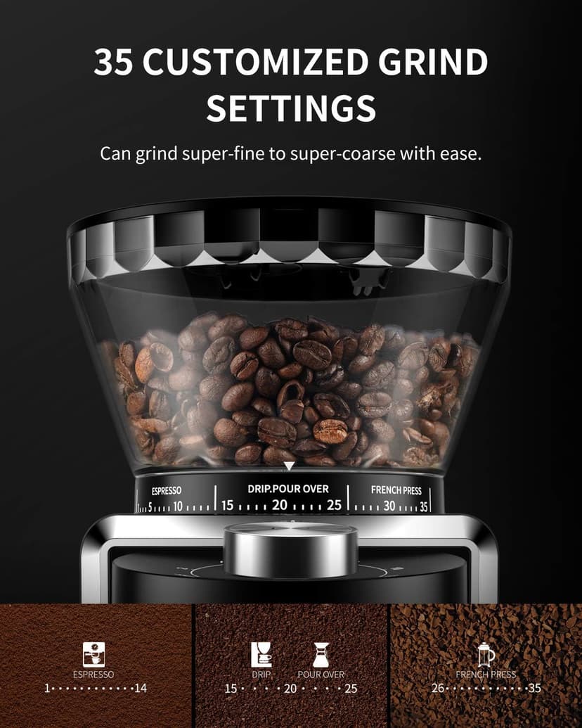 SHARDOR Conical Burr Coffee Grinder, Electric Coffee Bean Grinder with 35 Grind Settings, Adjustable for 2–12 Cups, Anti-Static Design, Black
