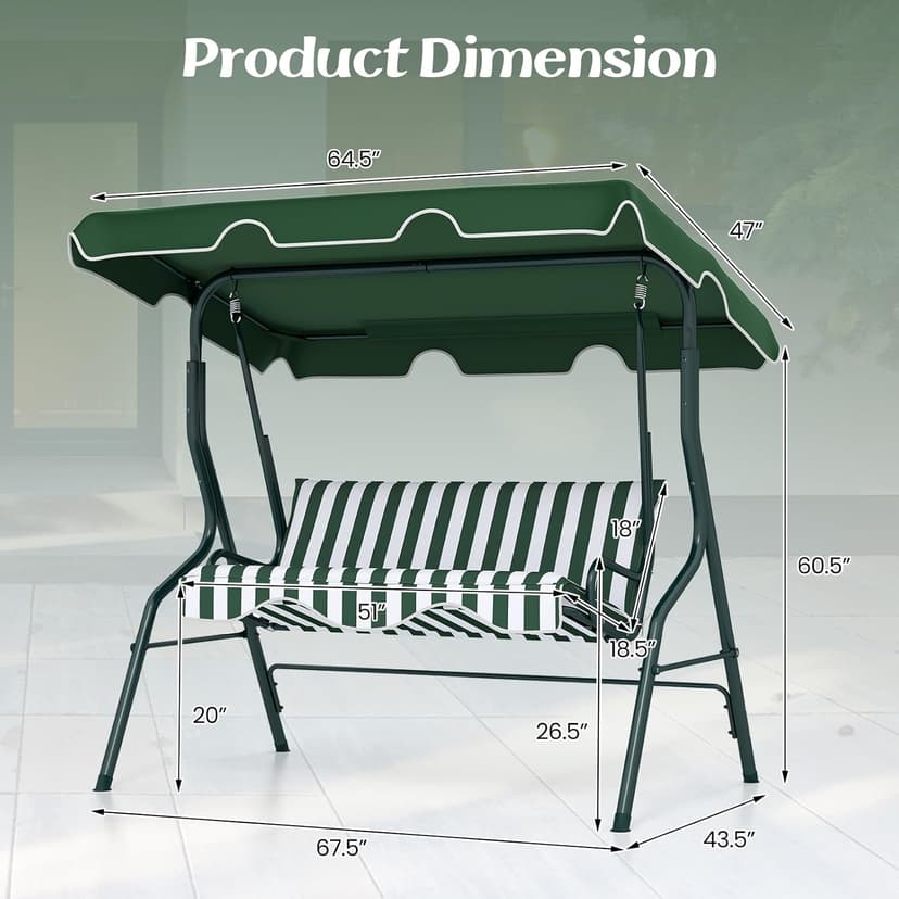 Tangkula 3 Person Porch Swing, Patio Swing with Removable Cushion & Powder-Coated Steel Frame, Outdoor Swing with Canopy for Porch, Backyard, Garden, Balcony (Green)