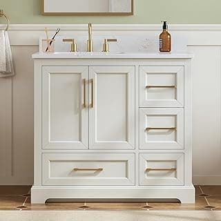 36 Inch Bathroom Vanity with Sink, Solid Wood Frame with Engineered Marble Top, Fully Assembled Storage Cabinet with 2 Soft-Closing Doors & 4 Drawers, Backspalsh, Greige
