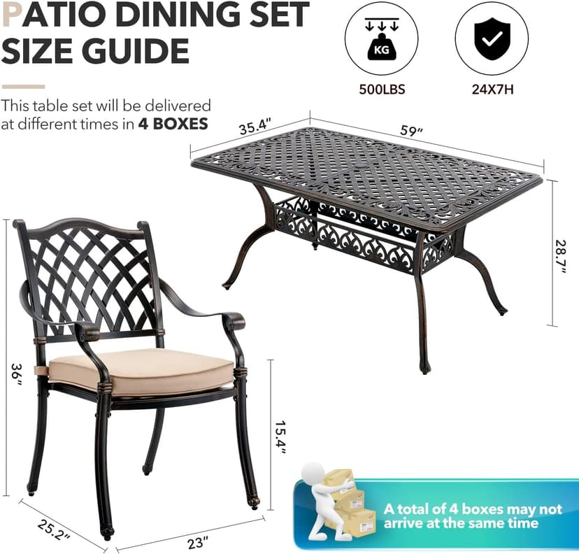 7 Piece Outdoor Dining Set Cast Aluminum, Retro Patio Dining Furniture Set for 6 Includes 59” Rectangular Table 2 Swivel Chairs with Thicker Cushions and Umbrella Hole for Patio Deck Garden