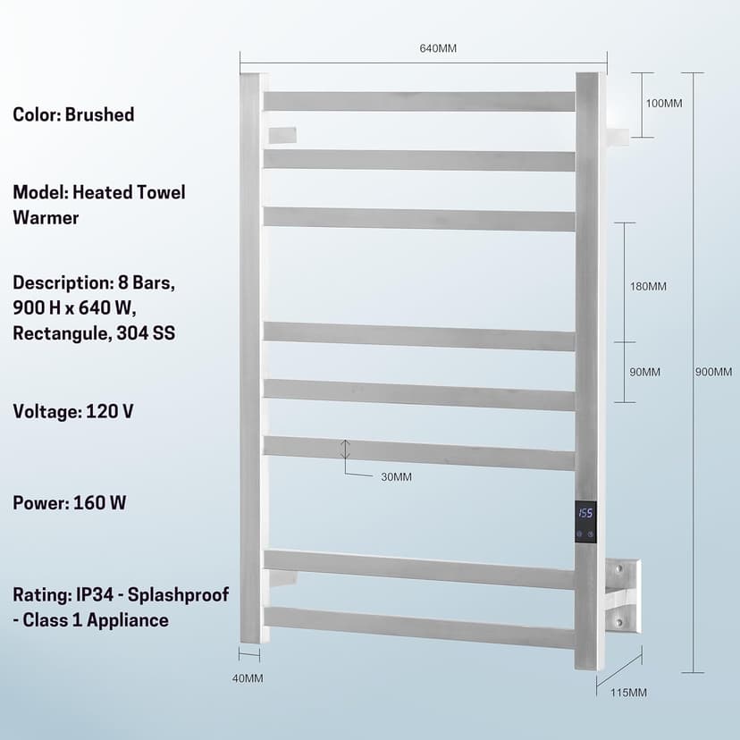 8-Bar Heated Towel Rack - Slim Design, Quick Heating, Adjustable Temperature, 24-Hour Timer - Brushed Stainless Steel - Ideal for Hot Towels in Bathroom