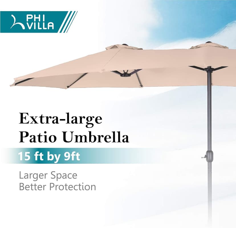 PHI VILLA 15ft Large Patio Umbrella with Base, Double-sided Outdoor Umbrella, Beige