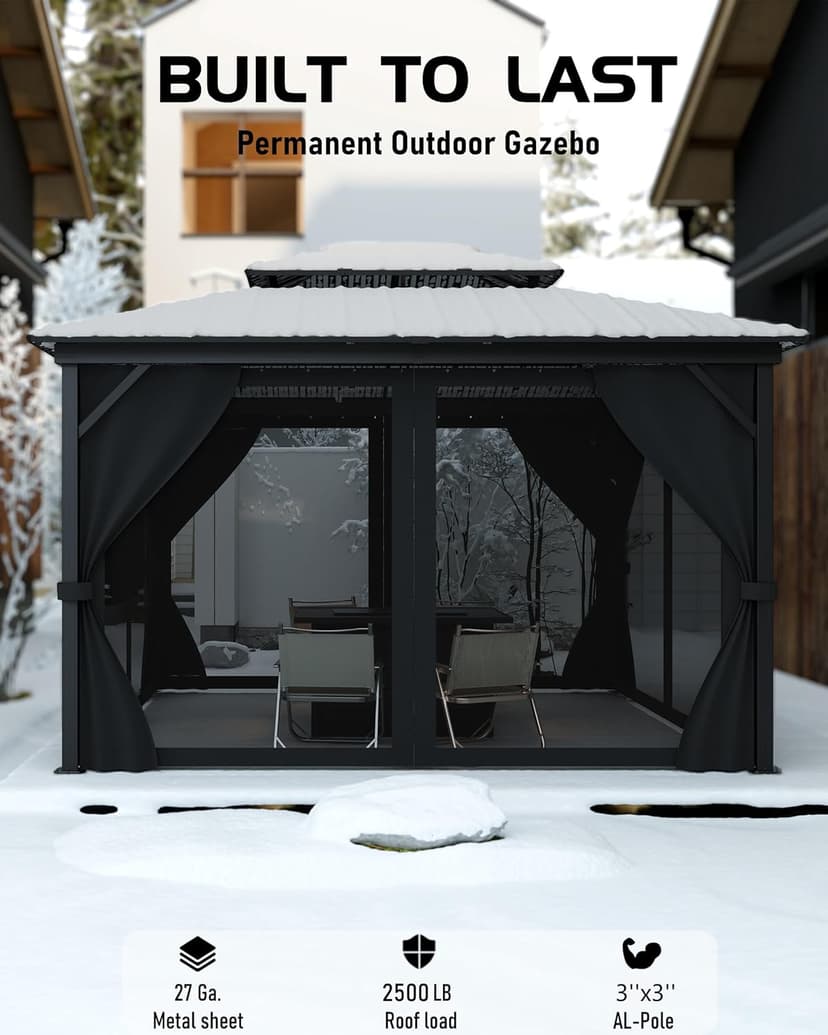 Hardtop Gazebo 10'x12' for All Weather, with Waterproof Double Metal Roof, Aluminum Alloy Frame, Net, and Curtain, Permanent Building for Patio, Deck, Backyard, Lawn, and Garden, Gray
