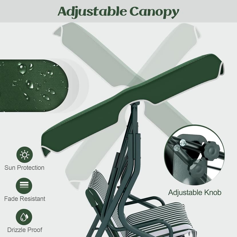 Tangkula 3 Person Porch Swing, Patio Swing with Removable Cushion & Powder-Coated Steel Frame, Outdoor Swing with Canopy for Porch, Backyard, Garden, Balcony (Green)