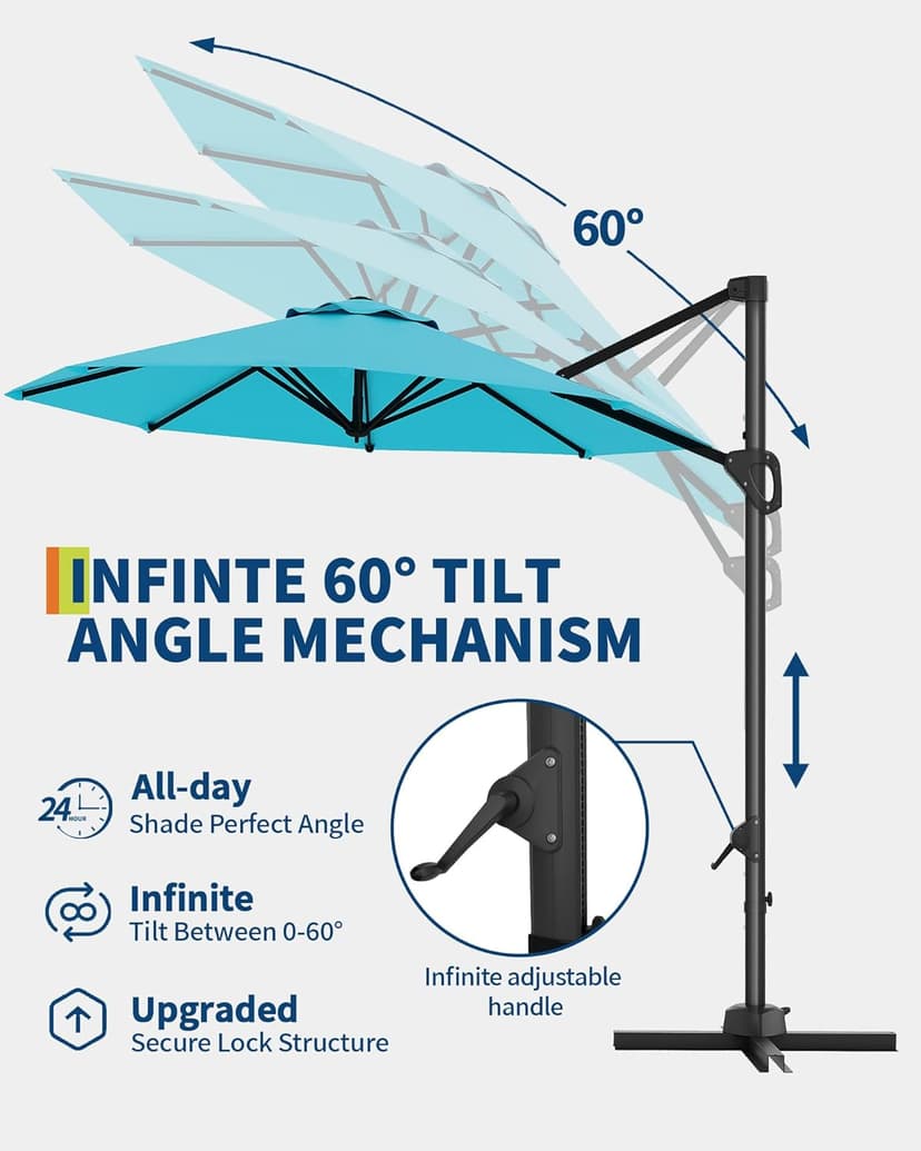 10FT Patio Umbrella Outdoor Large Cantilever Umbrella w/Base Included Market Sun Shade Windproof Offset Umbrella with 360-Degree Rotation for Garden Deck Pool Patio, Turquoise Blue