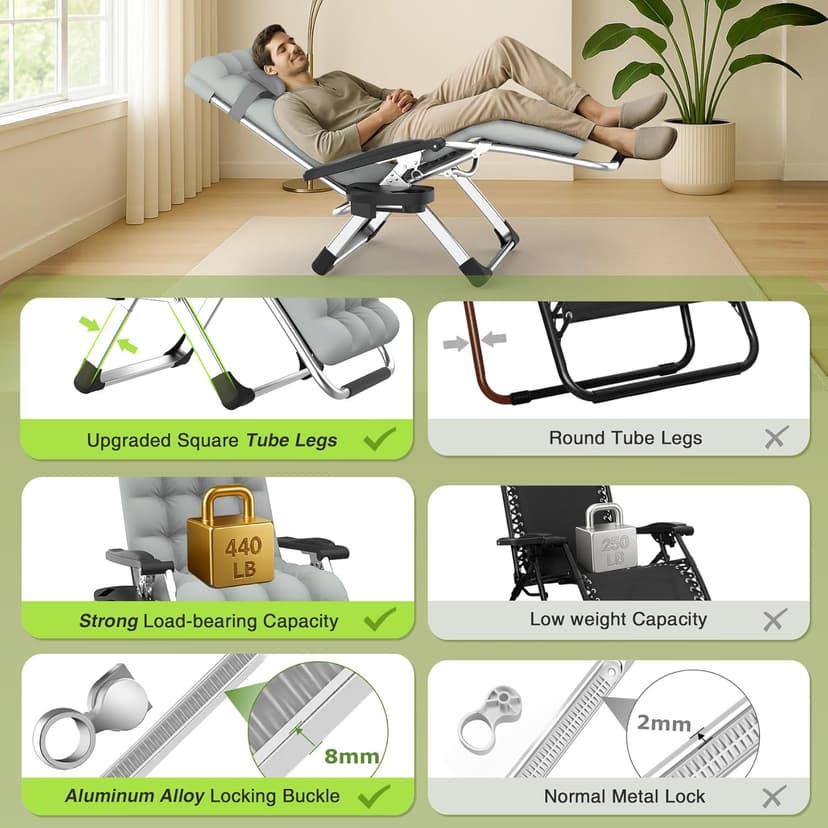 Suteck Zero Gravity Chair, Reclining Camping Lounge Chair w/Removable Cushion, Upgraded Lock and Cup Holder, Reclining Patio Chairs Folding Recliner for Indoor and Outdoor