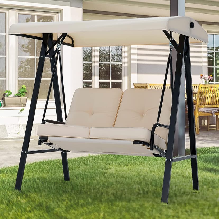 AECOJOY Outdoor Patio Swing Chair for Adults, 2-Seat Porch Swings with Adjustable Canopy, Outside Swing Bench with Removable Cushion, Suitable for Backyard, Garden, Yard, Poolside, Balcony (Beige)