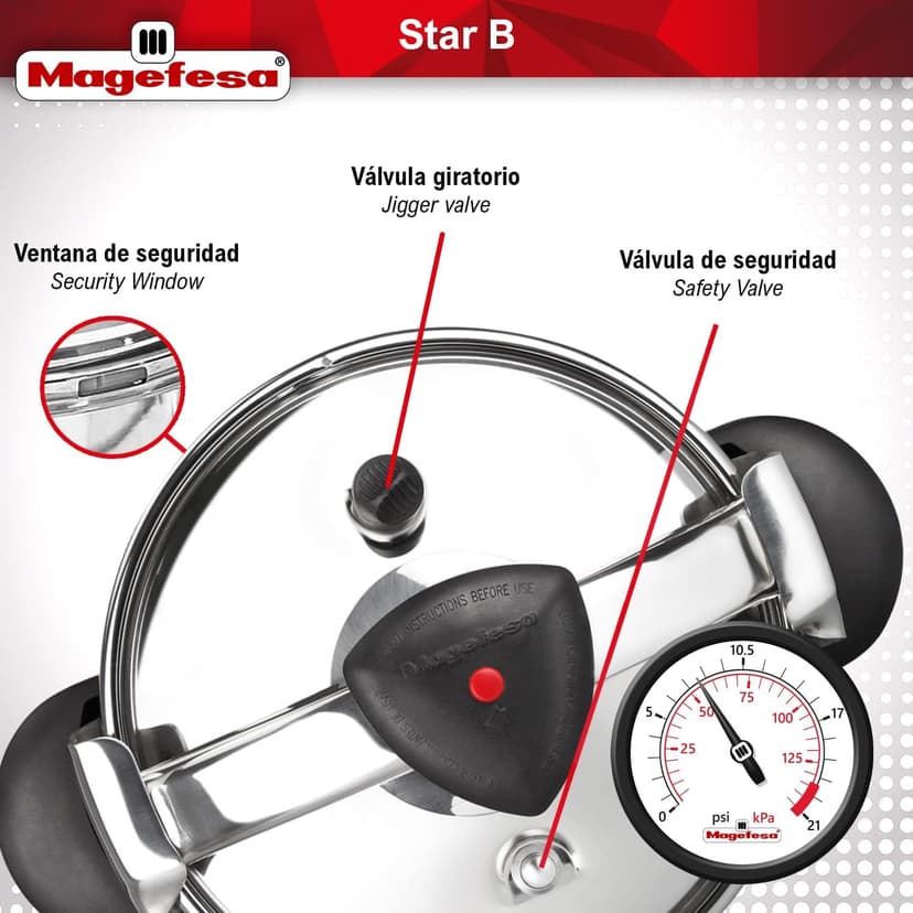 MAGEFESA Star Belly Pressure Cooker 10.6 Qt – 18/10 Stainless Steel, Rounded Bottom, 3 Safety Systems, Works on All Stovetops Including Induction, 8 PSI