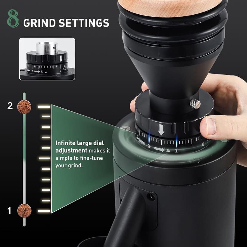 Huanyu Commercial Coffee Grinder Variable Speed Time Based Dosing Flat Burr Knob Control Professional Grinder with 8 Stepless Grinding Settings