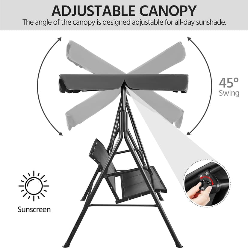 Yaheetech Outdoor Patio Swing Chair, 3-Seat Patio Sunset Hanging Swing Glider w/Adjustable Canopy & Texteline Fabric & Armrests, Outdoor Love Seat Bench for Patio/Garden/Yard/Porch, Gray
