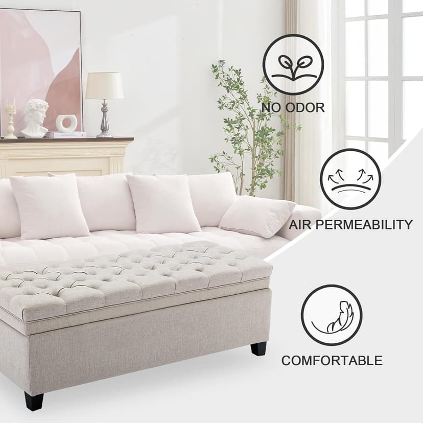50 Inch Fabric Storage Ottoman, End of Bed Bench with Large Storage, Modern Upholstered Tufted Bench with Wood Legs, Beige