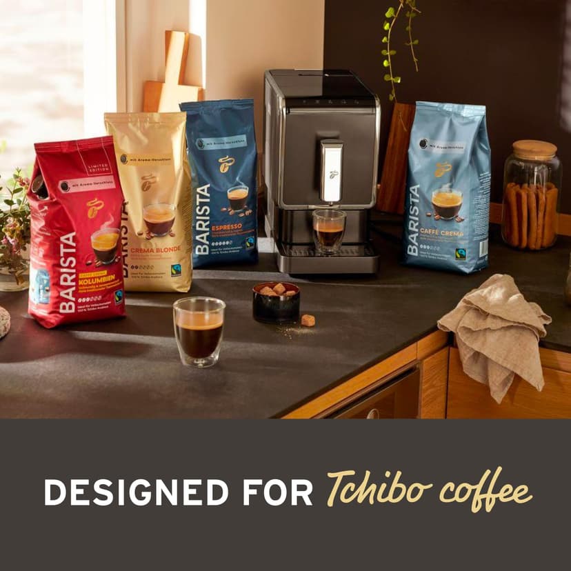 Tchibo Automatic Espresso & Coffee Machine Bundle with Built-in Grinder, Comes With 3 x 12 oz. Bags of Whole Bean Coffee, Red