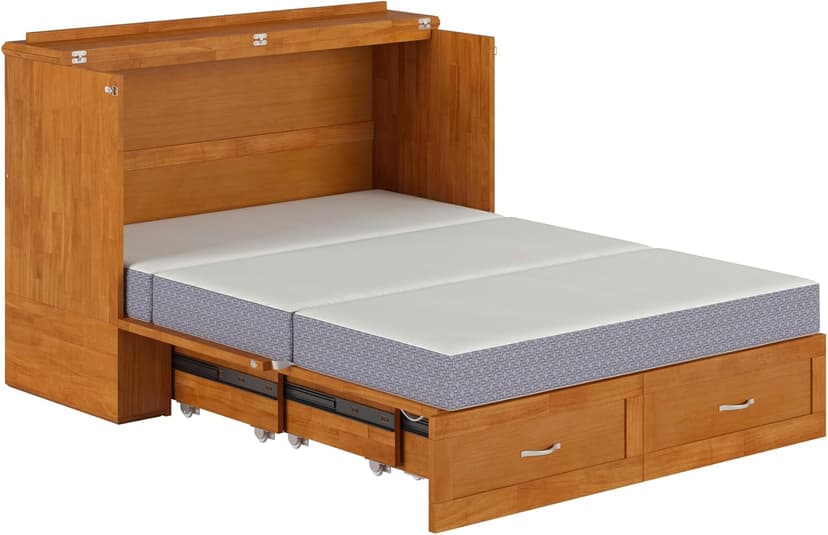 AFI Hamilton Full Murphy Bed Chest with Mattress, Storage, and Built-in Charger in Light Toffee