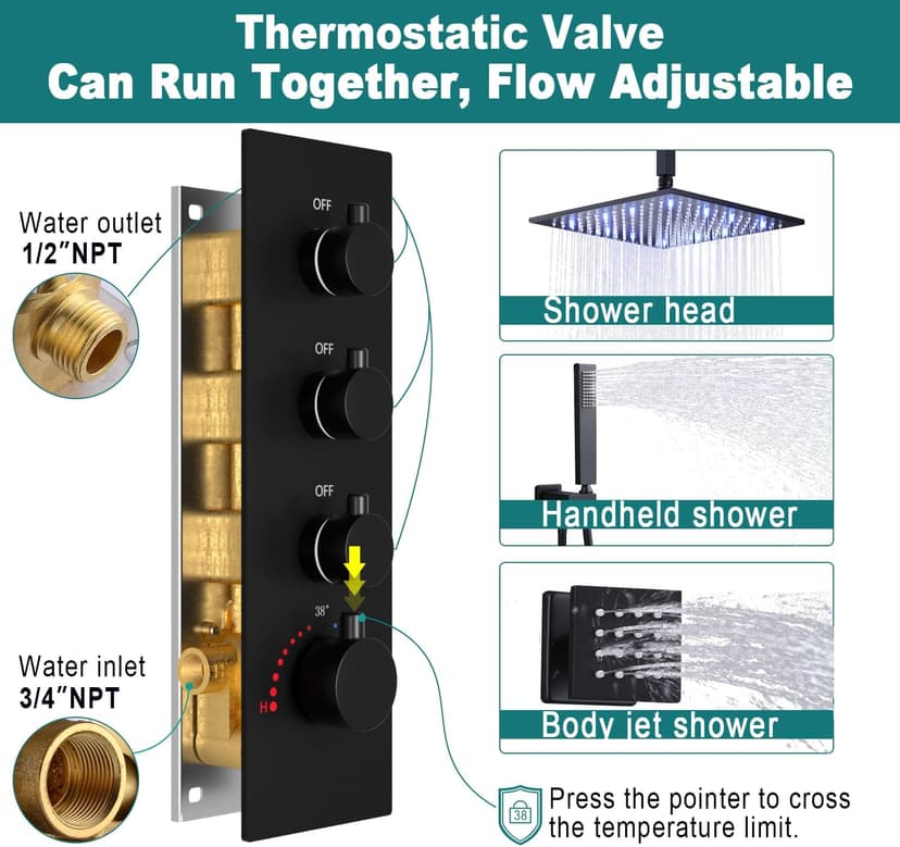 HOMEDEC Black Full Shower Jets System, Ceiling Rain 16" LED Shower Faucet Set with 6 Pcs Body Sprays and Brass 3 Ways Thermostatic Valve, Can Use All At Once, 3/4inch Inlet Large Flow