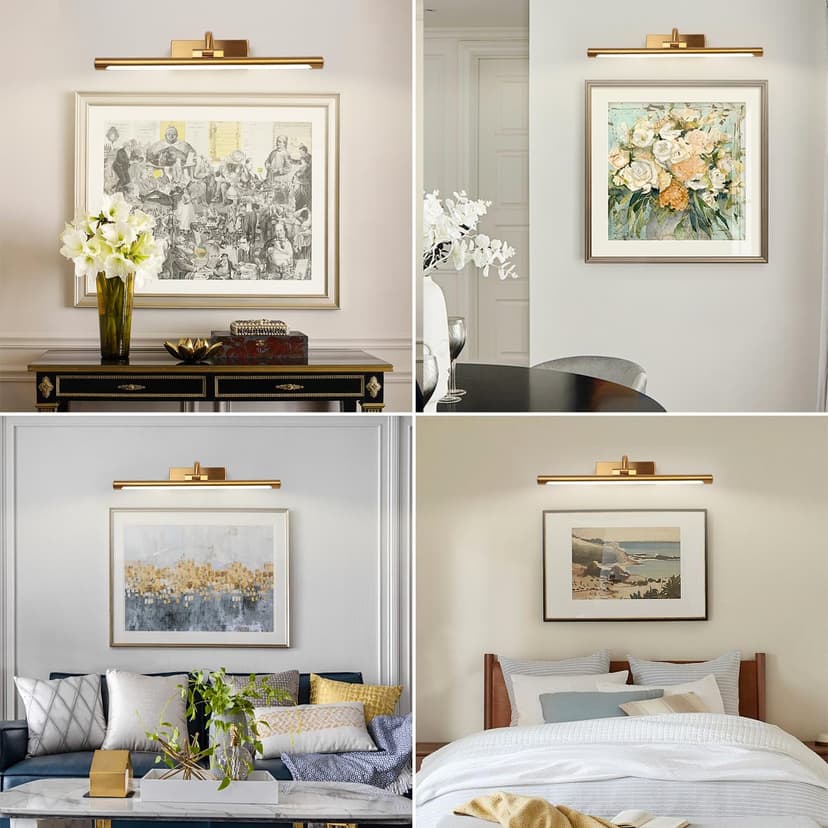 Battery Picture Light 3W 16” Wireless Art Lights for Paintings Brass Gold Rechargeable Gallery Light 3CCT Display Light with Remote and Timer Dimmable Wall Light for Portrait Dartboard Canvas