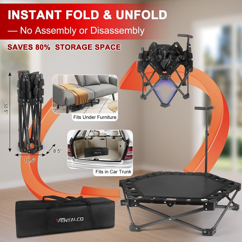 Foldable Mini Trampoline — One-Step Fold & Open, 42" Rebounder Trampoline for Adults & Kids, 450lbs Max Load, Adjustable T-Bar, Indoor & Outdoor Workout