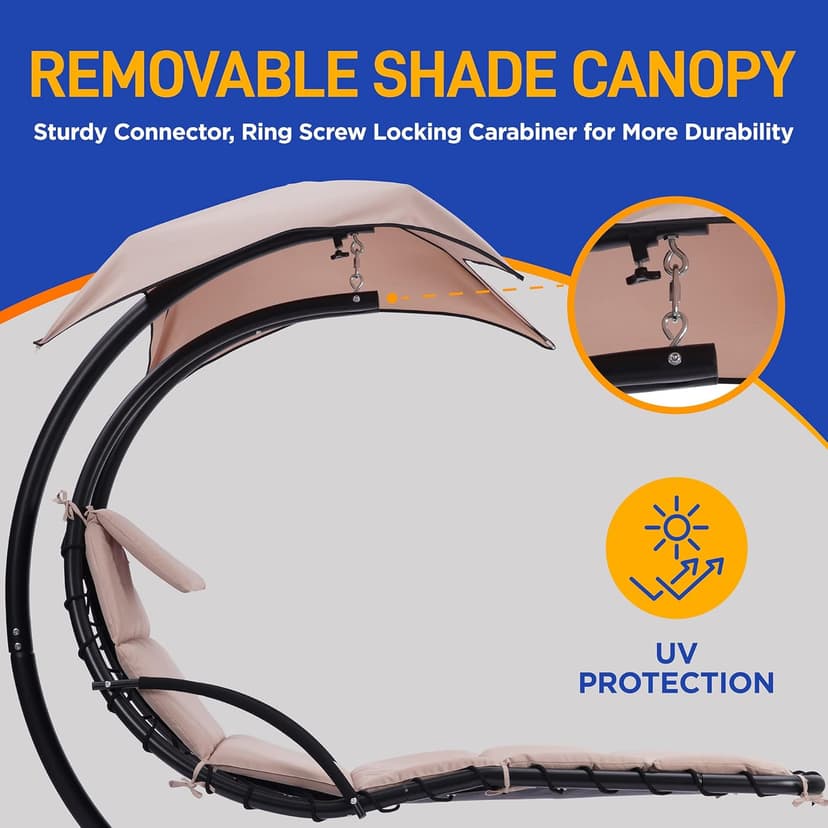 SereneLife Outdoor Hanging Curved Steel Chaise Lounge Swing Chair w/a Built-in Pillow and Removable Canopy UV Protection and Foam Covered Armrest