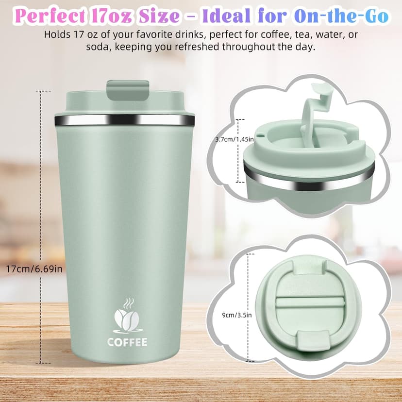 Hwawhin 17oz Insulated Travel Coffee Mug with Flip Lid – Leakproof Stainless Steel Insulated Coffee Tumblers, Reusable Coffee Cup for Hot & Cold Drinks, Perfect for Camping & On-the-Go