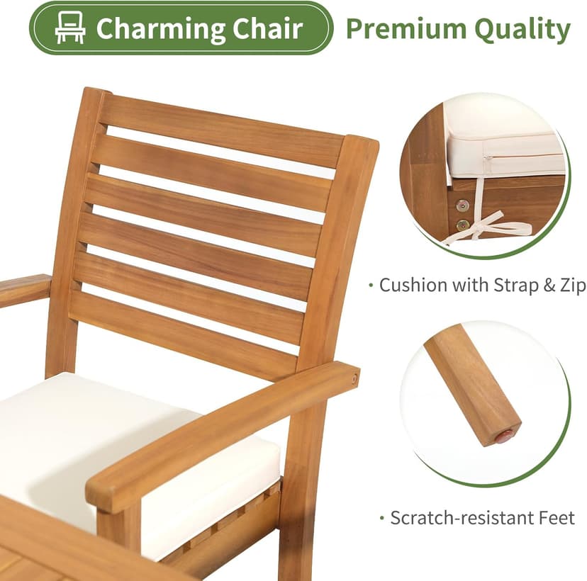 OC Orange-Casual Stackable Patio Dining Chairs Set of 4, Outdoor Acacia Wooden Chairs w/Armrest & Removeable Fabric Cushion, for Porch, Backyard, Garden, Indoor, Beige