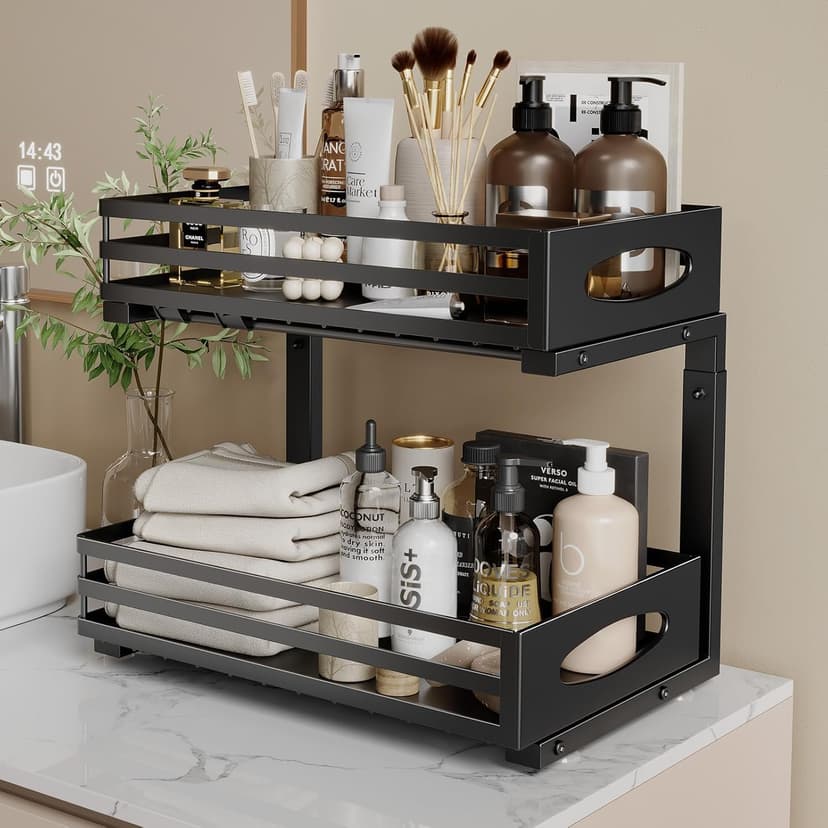 Under Sink Organizer, Pull Out Cabinet Organizers, Slide Sink Steel Shelf Cabinet Storage Shelves, Under Sink Storage for Kitchen Bathroom Cabinet (Black, 2 Pack)