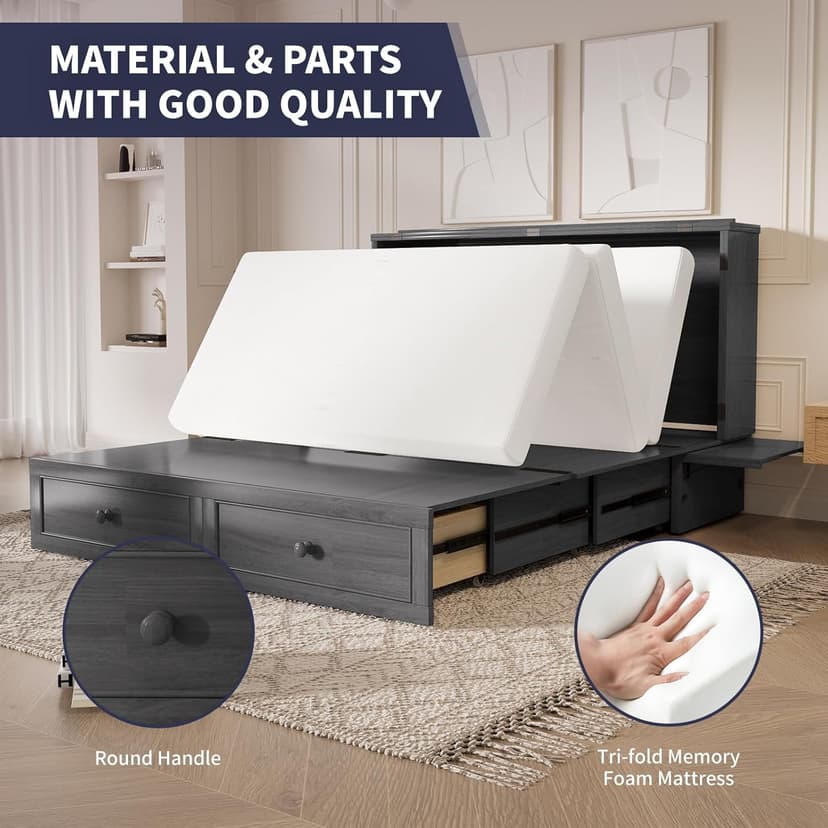 ijuicy Murphy Bed Queen with Foam Mattress, Convenient Murphy Bed Cabinet with Charging Station & Storage Board, Bed That Folds into Cabinet with Large Storage Drawer for Bedroom,Guest Room(Grey)