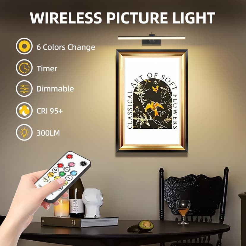 6 Colors Picture Lights Battery Operated with Remote, 16" Cordless Rechargeable Painting Lights with Timer for Wall, 6CCT Dimmable Display Lights for Artwork Gallery Dartboards, 4 Pack (Black)