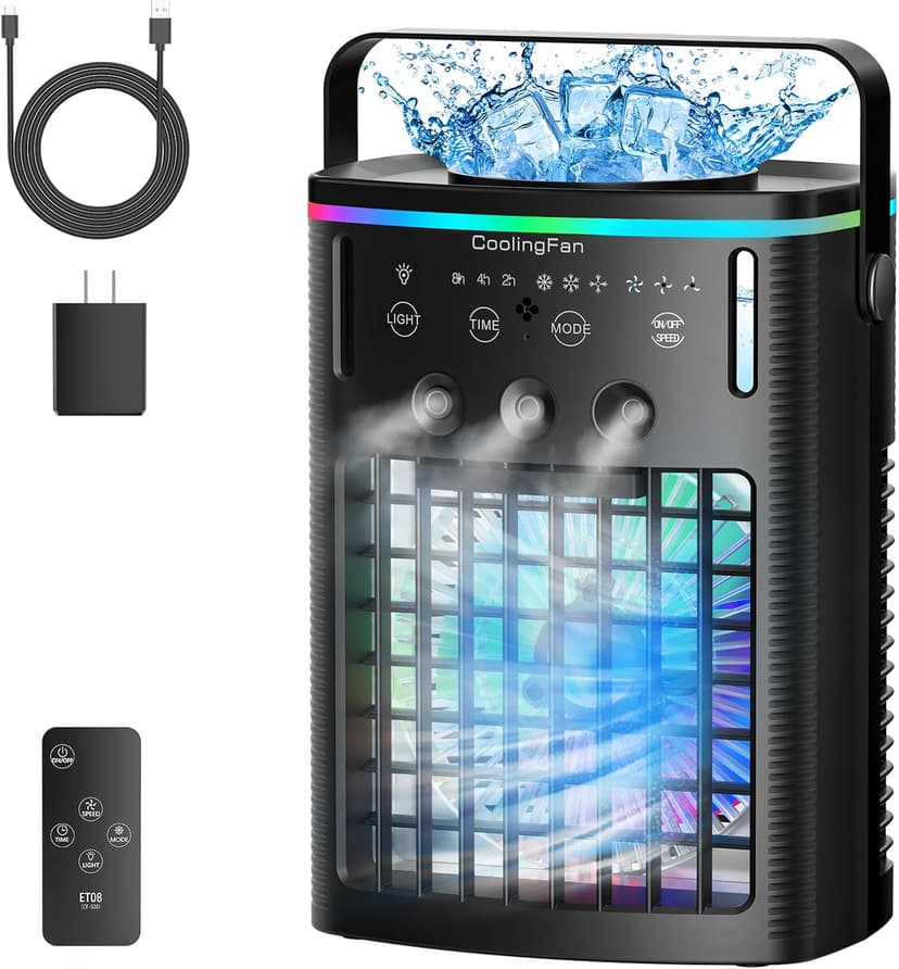 Portable Air Conditioners, Mini Air Conditioner Portable Cooling Fan with Remote Control, 3 Wind Speed & 3 Mist Level & 2-8H Timer & 7 LED Light Evaporative Air Cooler for Home Office Room, Black