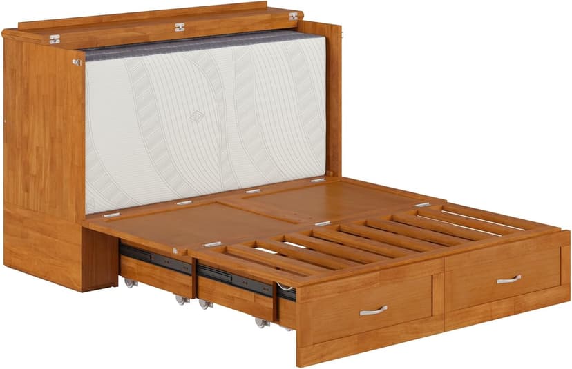 AFI Hamilton Full Murphy Bed Chest with Mattress, Storage, and Built-in Charger in Light Toffee