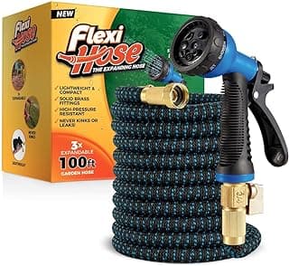 Flexi Hose with 8 Function Nozzle, 100FT - Lightweight Expandable Garden Hose, No-Kink Flexibility, 3/4 Inch Solid Brass Fittings and Double Latex Core