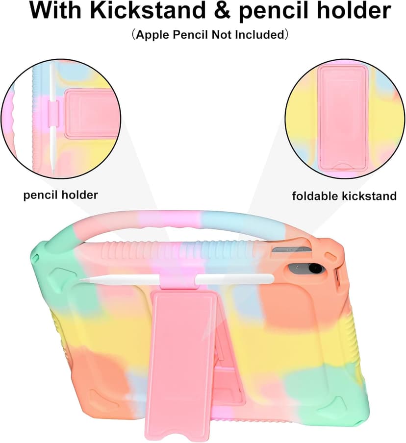 Adocham Kids Case for New iPad (A16) 11th Generation 11 Inch 2025/10th Generation 10.9 Inch 2022 Built-in Stand Handle,Lightweight Shockproof Silicone Kids Cover for iPad 10th/11th Gen (Rainbow)