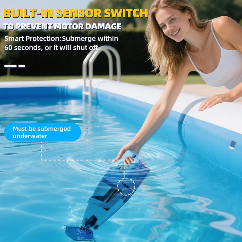 Cordless Pool Vacuum with Telescopic Pole, 26.5 gallons/min Powerful Suction, Handheld Rechargeable Swimming Pool Cleaner with 1H Running Time, Pool Vacuum for Above/In Ground Pools, Spas, Hot Tubs