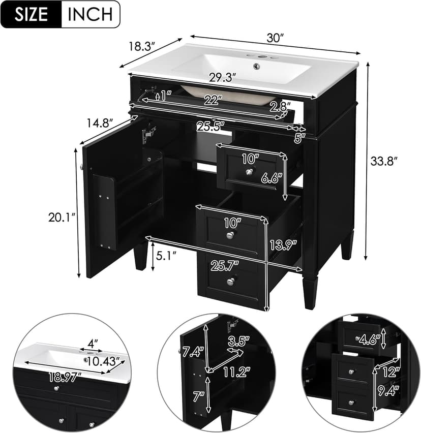 Modern 30" Bathroom Vanity with Sink, Bathroom Storage Cabinet with 2 Drawers, 1 Tip-Out Drawer and 1 Door, Freestanding Bathroom Vanities, Soft Closing, Solid Wood Frame