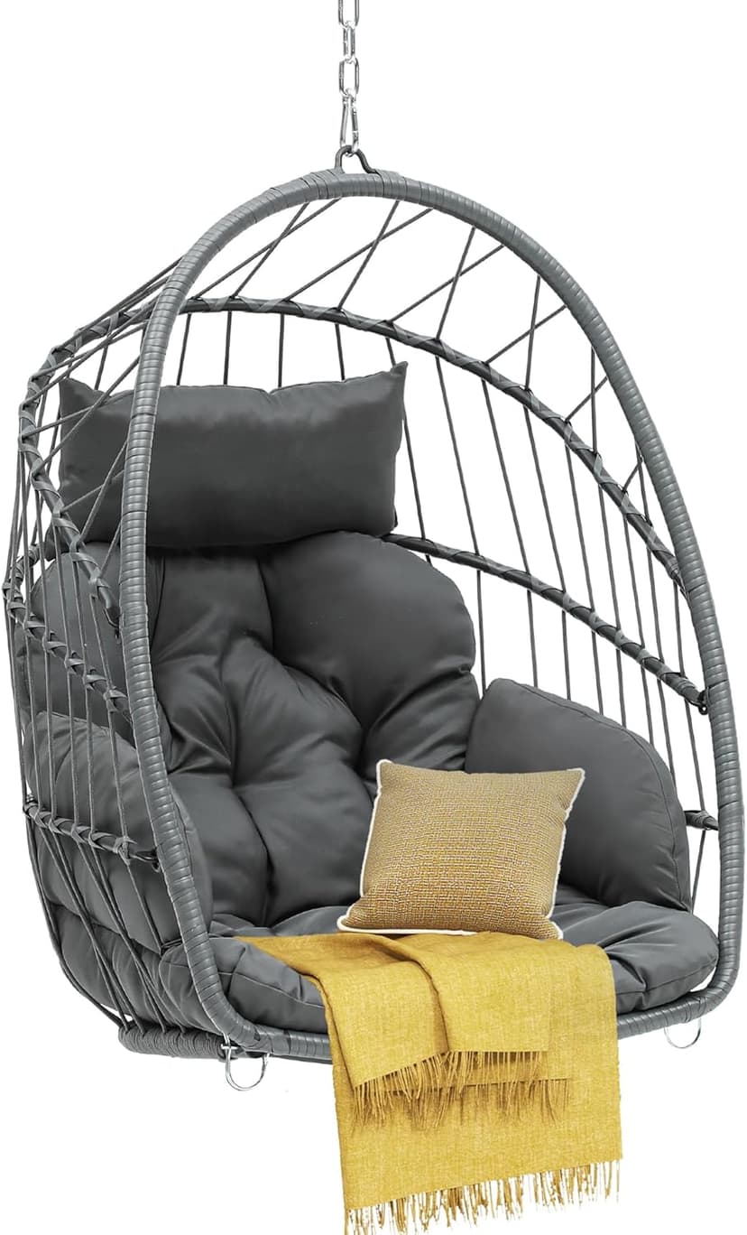DWVO Egg Chair Without Stand, Basket Chair Hanging Outdoor Rattan Wicker Patio Hammock Indoor Egg Chair with Cushion, Hanging Swing Chair 350lbs for Porch, Garden, Bedroom, Balcony, Gray