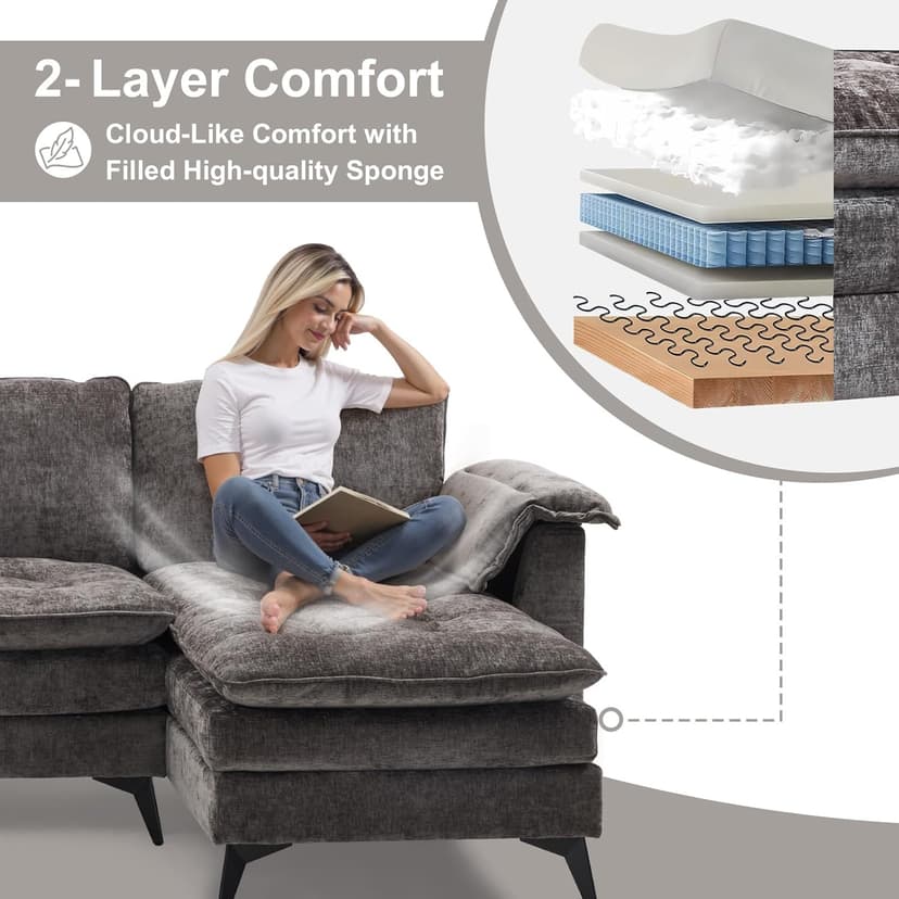VINGLI 129'' Reversible Sectional Couches for Living Room,L-Shaped Couch Sofa Set with Chaise,Comfy Cloud Couches in Lattice Decored Seat Cushion with Double Pads, Grey