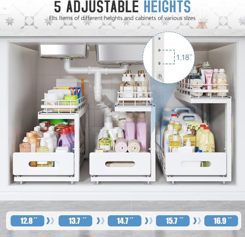 2 Pack Under Sink Organizer with Smooth Ball Bearing Slides, 2-Tier Pull Out Cabinet Storage, Slide Out Drawers for Bathroom and Kitchen, Under Sink Shelf, Rust-resistant Coating, Height Adjustable