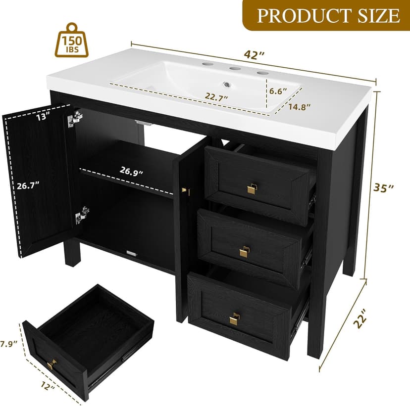 DWVO 42 Inch Bathroom Vanity with Sink Combo, Modern Bathroom Storage Cabinet with Resin Basin, Three Holes, 2 Doors & 3 Drawers, Black