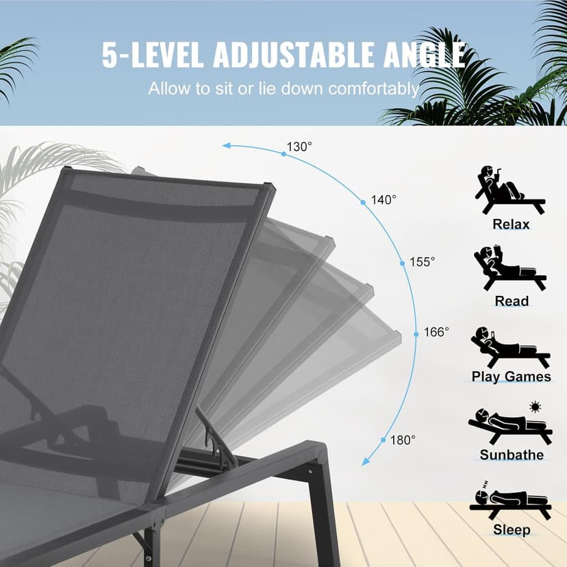 VEVOR 2 Pcs Chaise Lounge Chairs Outdoor, Aluminum Patio Lounge Chair with Adjustable 5-Position, Folding Pool Chairs Recliner and Full Flat Tanning Chair for Patio, Beach, Pool, Grey, 2 pcs