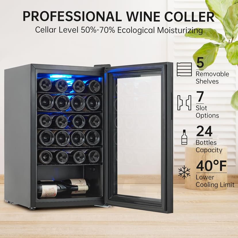 Garvee Wine Fridge 24 Bottle, Wine Cooler Refrigerator with 40~61°F Digital Temperature Control, Freestanding Wine Cellar for Red White Wine, Champagne, Beer with Blue Interior Light (24 Bottles)