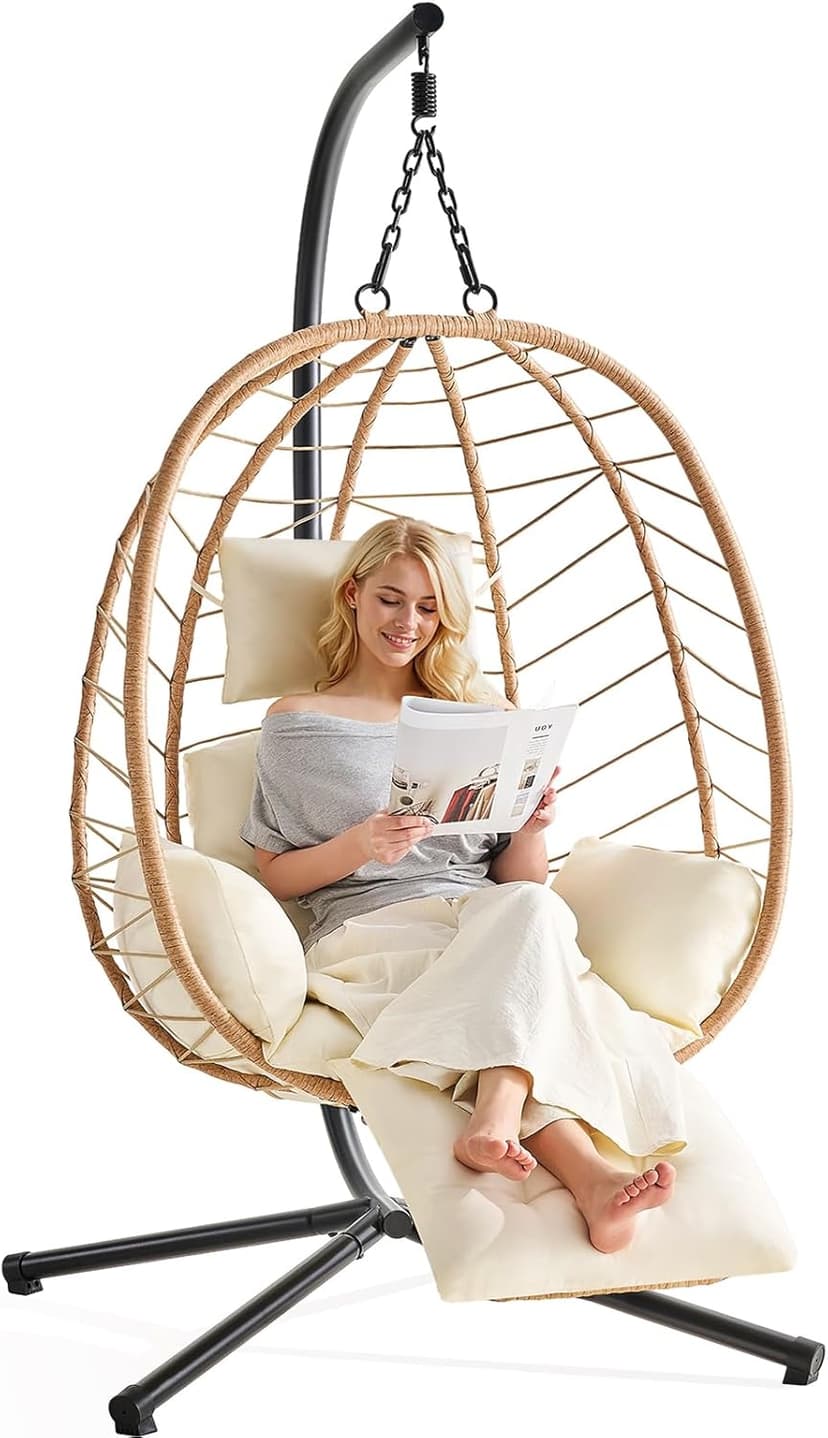 Hanging Egg Chair with Adjustable Footrest & Stand, Wicker Rattan Swing Hammock Chair with Cushion & Double Chains, 350LBS Capacity for Outdoor & Indoor Patio, Deck, Bedroom, Balcony (YE-BE)