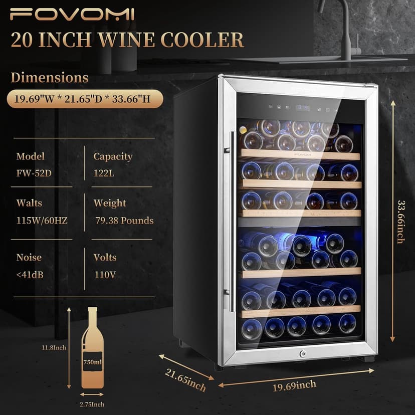 Wine Refrigerators,52-bottle Wine Fridge Cooler Freestanding Wine Refrigerator,(Bordeaux 750ml) Dual Zone Compressor Wine Cellar Chiller
