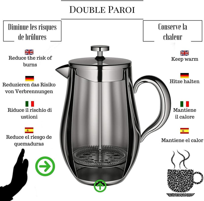 VeoHome - 1 Litre piston coffee maker - Unbreakable and keeps coffee hot for a long time thanks to its double stainless steel shell…
