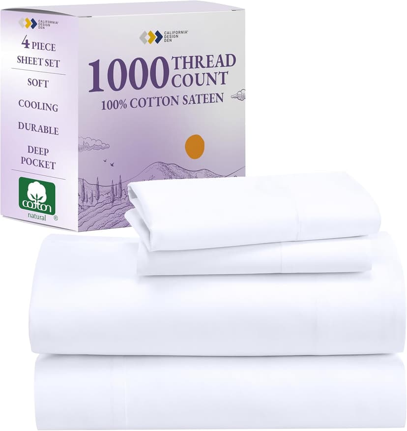 California Design Den 1000 Thread Count King Size Sheet Set - Winner Architectural Digest Best Sheet, Sateen, 100% Cotton Sheets with Deep Pockets, Softer Than Egyptian Cotton - White