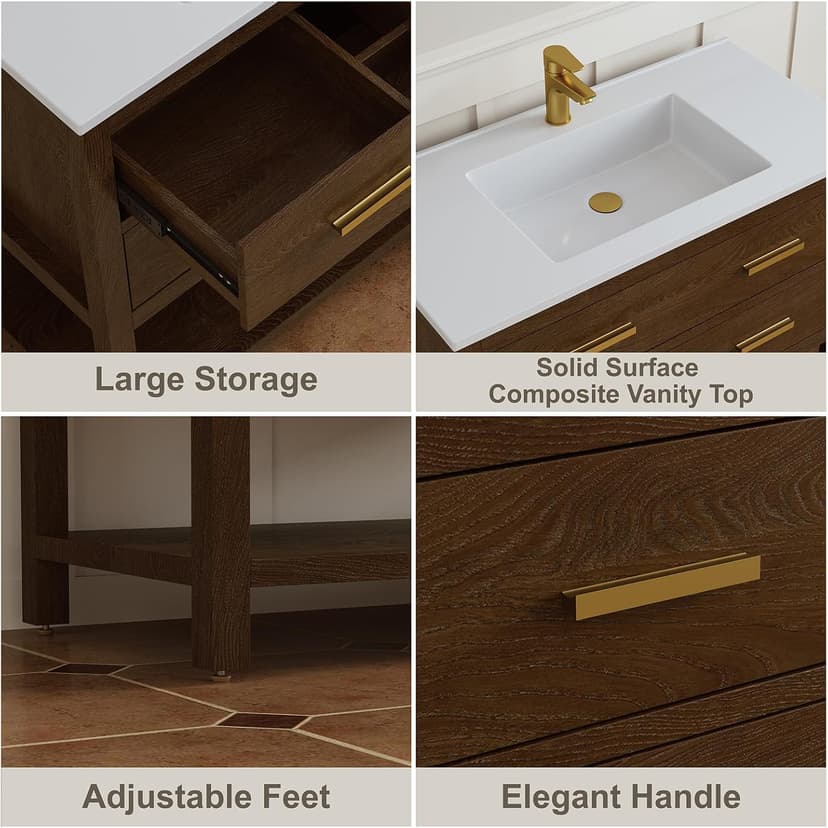 36 Inch Bathroom Vanity with Sink, Farmhouse Storage Cabinet with Drawers & Open Storage Shelf, Easy Assembly, Adjustable Feet, Walnut