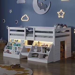 Twin Size Low Loft Bed with Stairs for Kids, Wooden Twin Loft Bed with LED Light & Safety Guardrail & Bookcase & Under-Bed Play Space, White