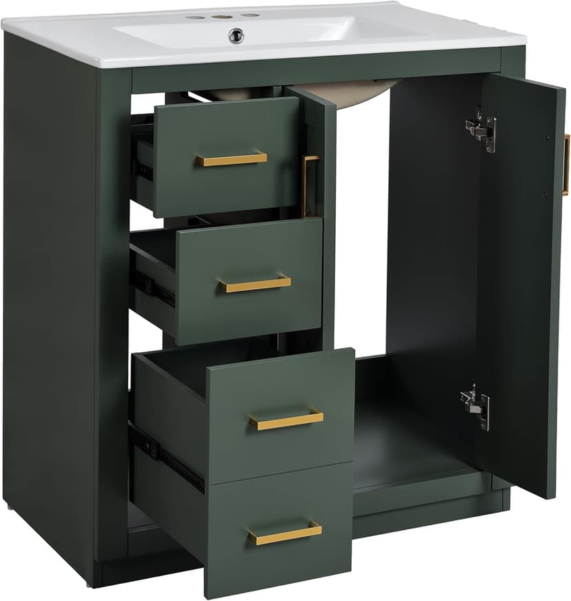 Merax 30'' Bathroom Vanity with Ceramic Sink Combo, Solid Wood Frame Bathroom Storage Cabinet, Freestanding Vanity Set with 3 Drawers& Soft Closing Doors, Green