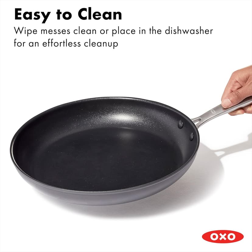 OXO 12” Nonstick Frying Pan Skillet, Enhanced PFAS-Free Ceramic Nonstick, Durable Hard Anodized Cookware, Scratch Resistant, Good Grips, Easy Clean Dishwasher Safe, Oven Safe, Drip Free Pours, Black