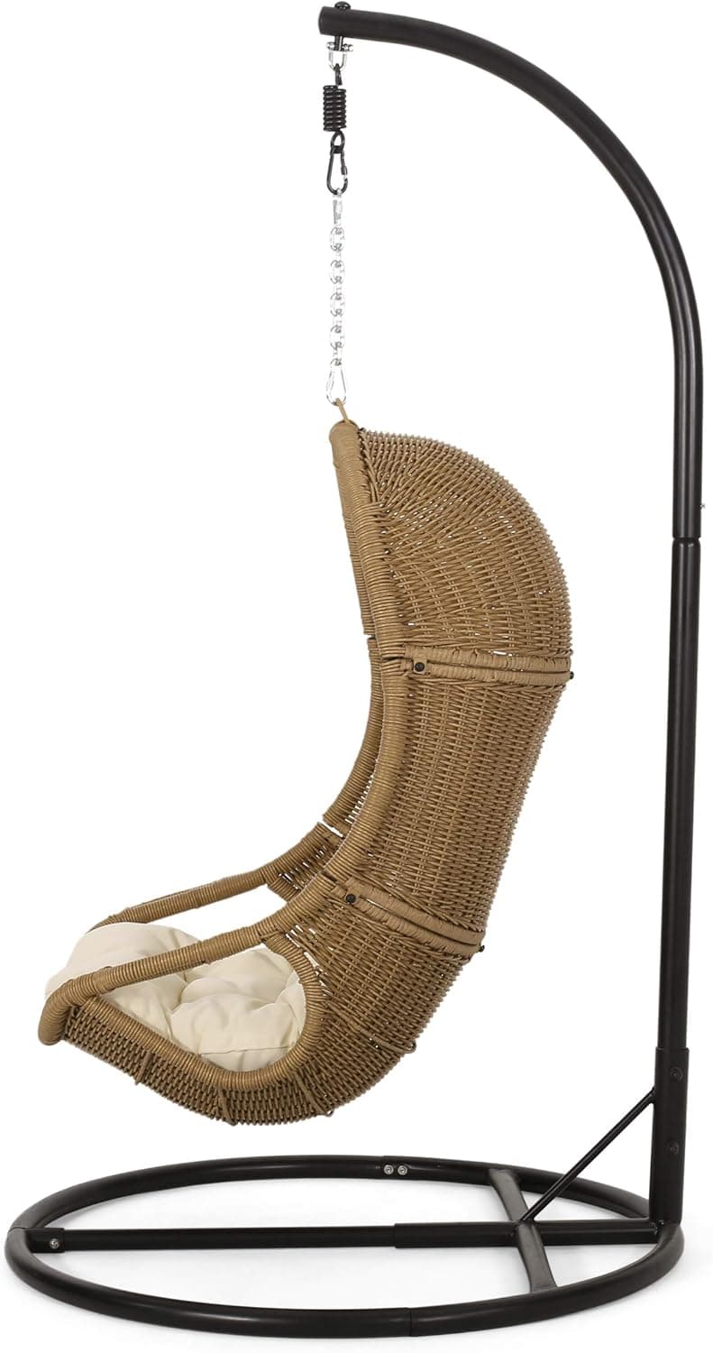 Christopher Knight Home Marcus Outdoor Wicker Hanging Chair with Stand, Light Brown and Beige