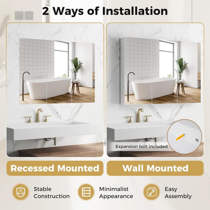 GOFLAME Medicine Cabinet with Mirror, Frameless Bathroom Wall Mounted Mirror Cabinet with 3 Doors and Adjustable Shelves, Bathroom Mirror with Storage, Recess or Surface Mount Installation